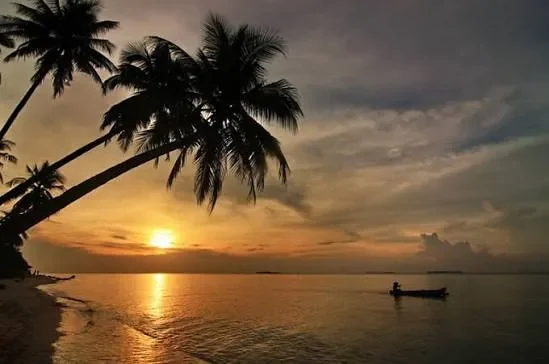 Sonnenuntergang am Tanjung Gelam mit Palme und Boot